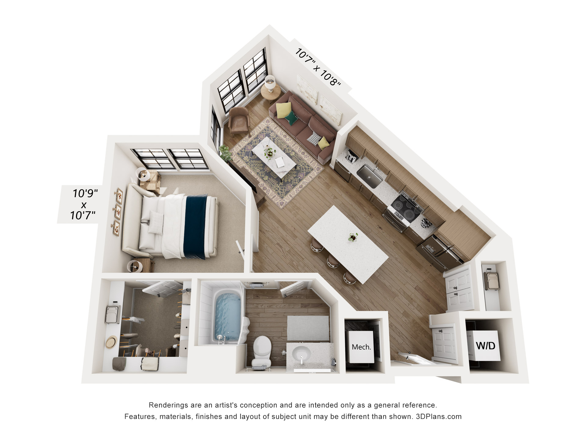 Floor plan for 1 bed, 1 bath, 669 sqft